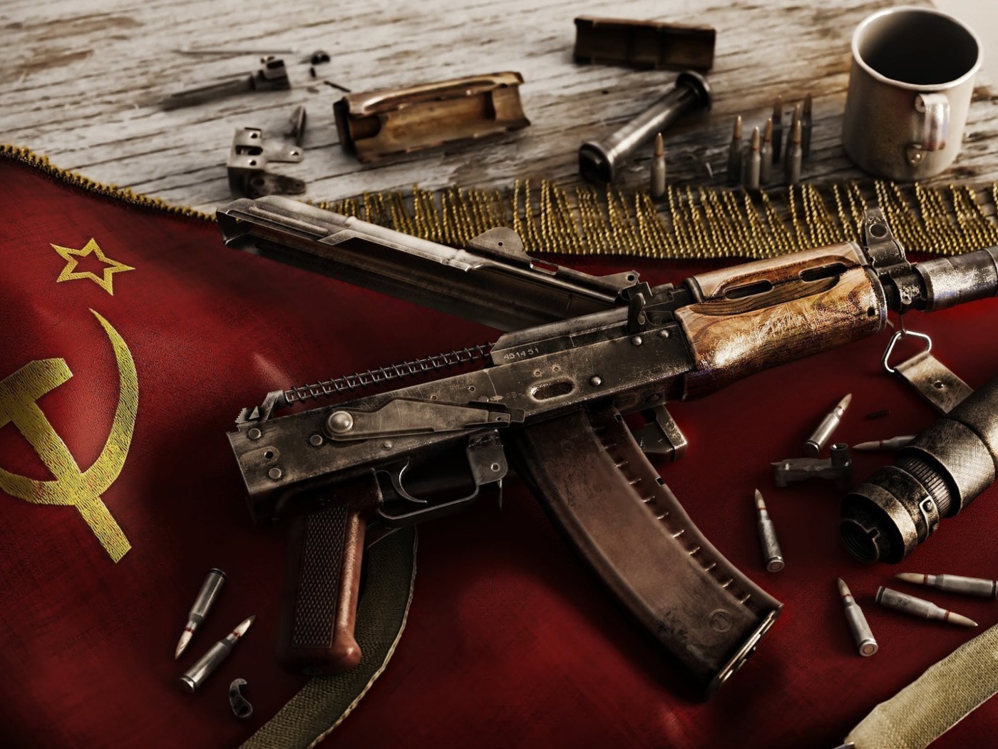 USSR Flag and AK 47 Kalashnikov rifle wallpaper 1400x1050