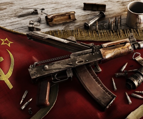Sfondi USSR Flag and AK 47 Kalashnikov rifle 480x400