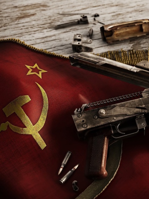 Das USSR Flag and AK 47 Kalashnikov rifle Wallpaper 480x640