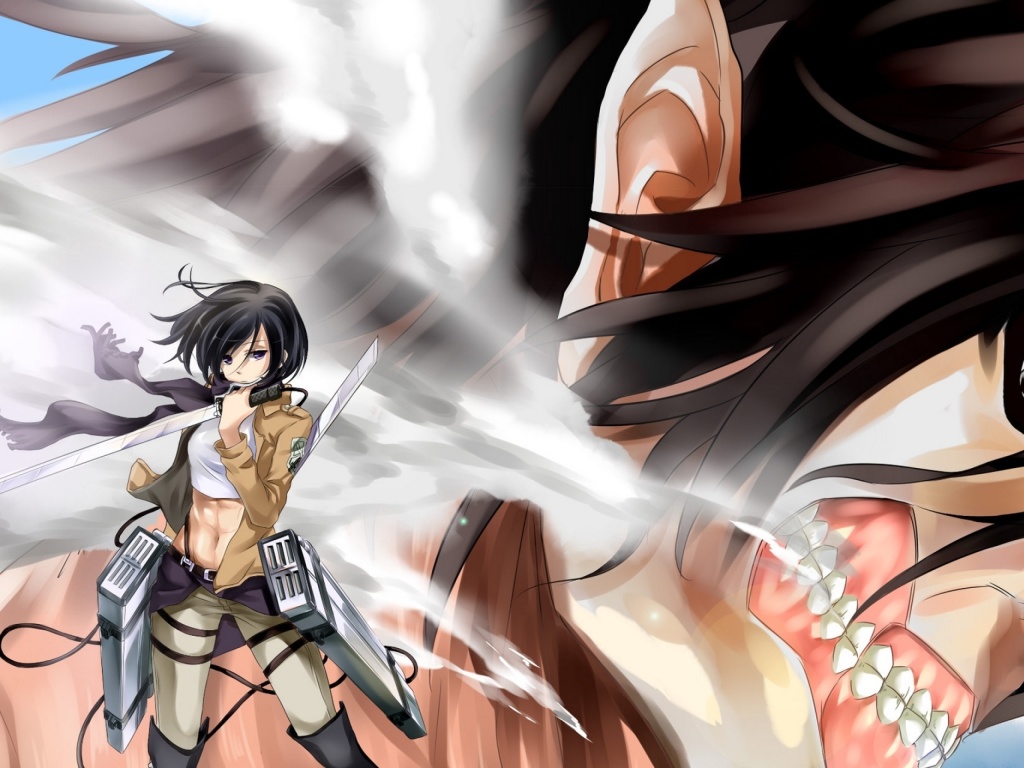Attack on Titan with Eren and Mikasa wallpaper 1024x768
