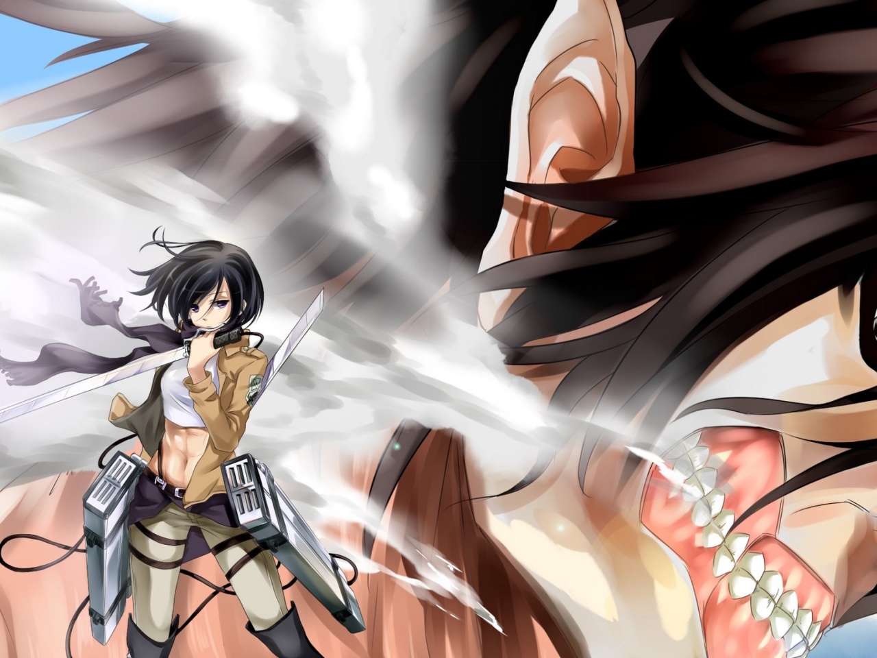 Fondo de pantalla Attack on Titan with Eren and Mikasa 1280x960