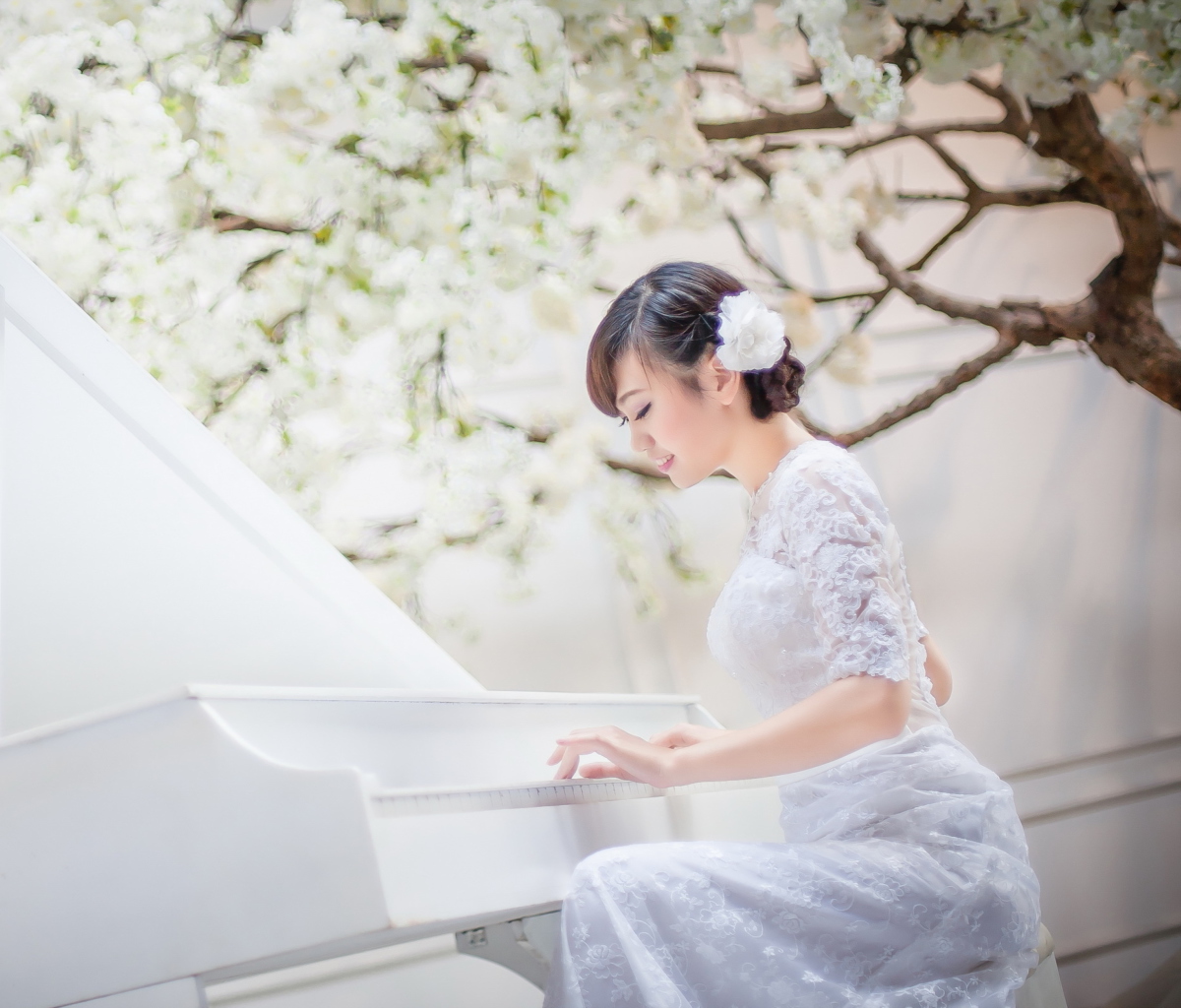 Cute Asian Girl In White Dress Playing Piano screenshot #1 1200x1024