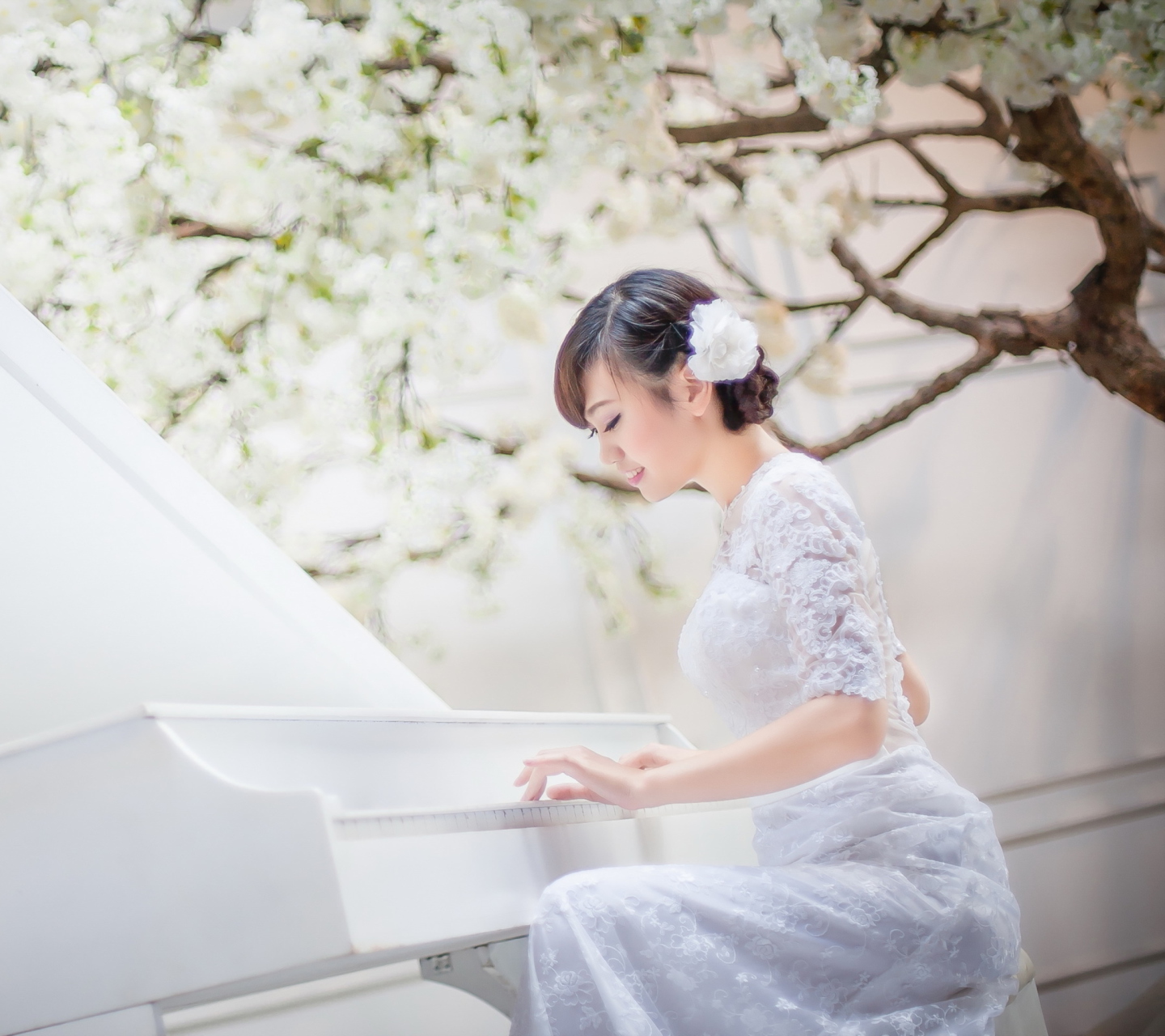 Обои Cute Asian Girl In White Dress Playing Piano 1440x1280