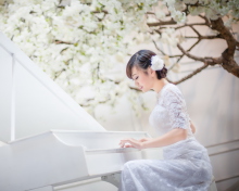 Cute Asian Girl In White Dress Playing Piano wallpaper 220x176
