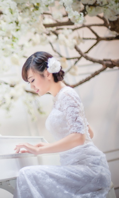Обои Cute Asian Girl In White Dress Playing Piano 240x400