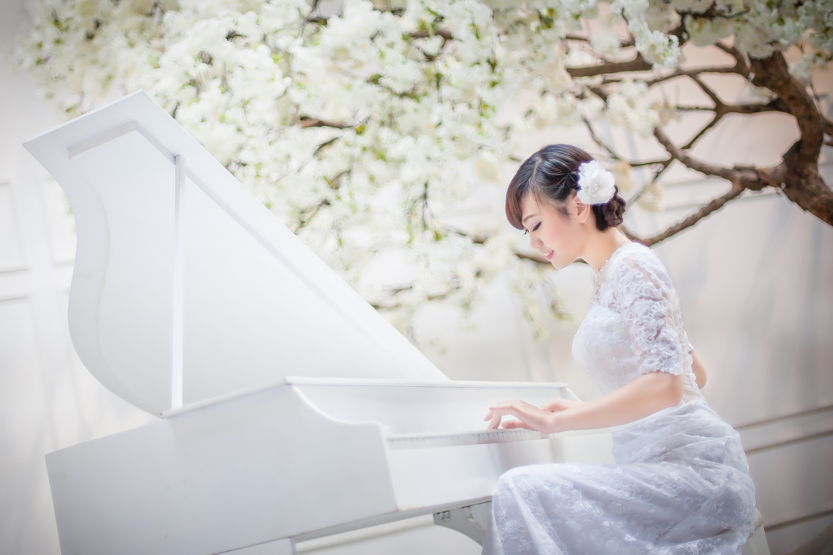 Обои Cute Asian Girl In White Dress Playing Piano 2880x1920