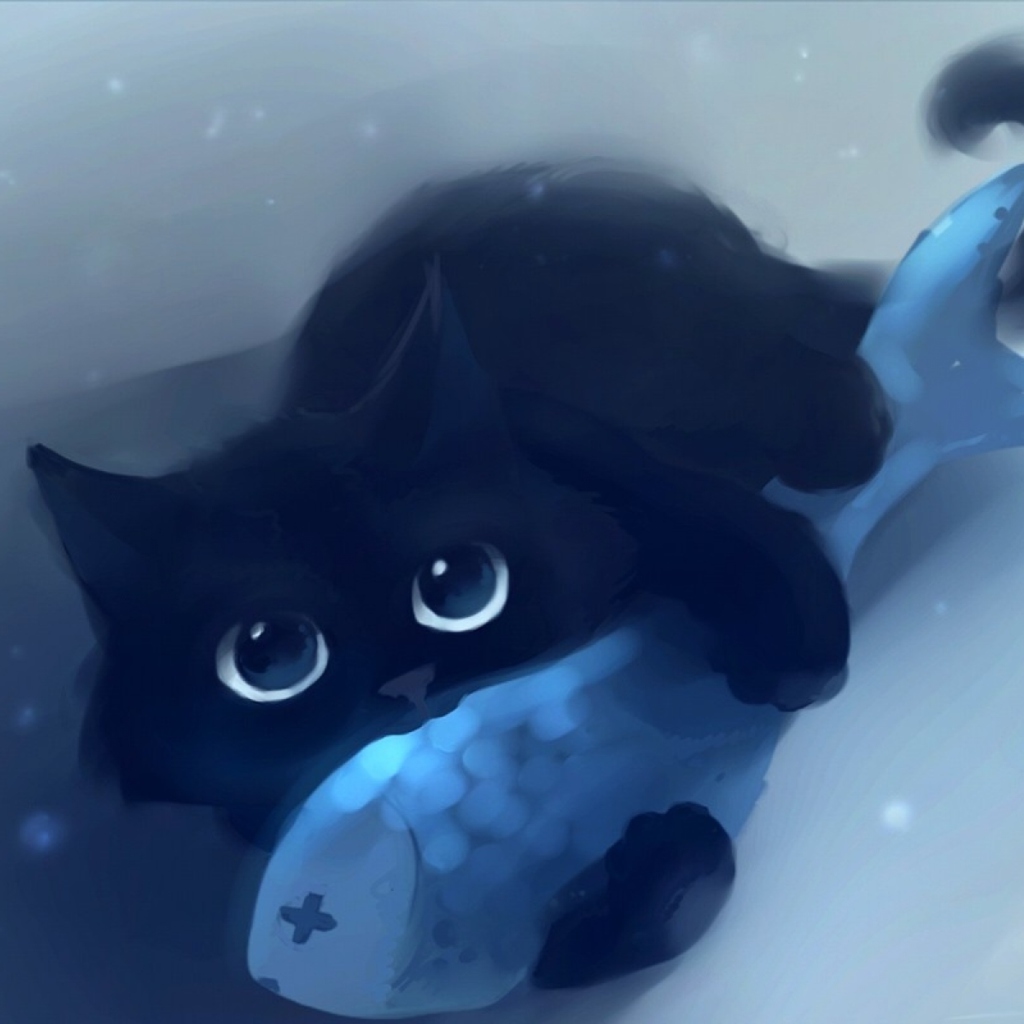 Обои Black Cat & Blue Fish 1024x1024