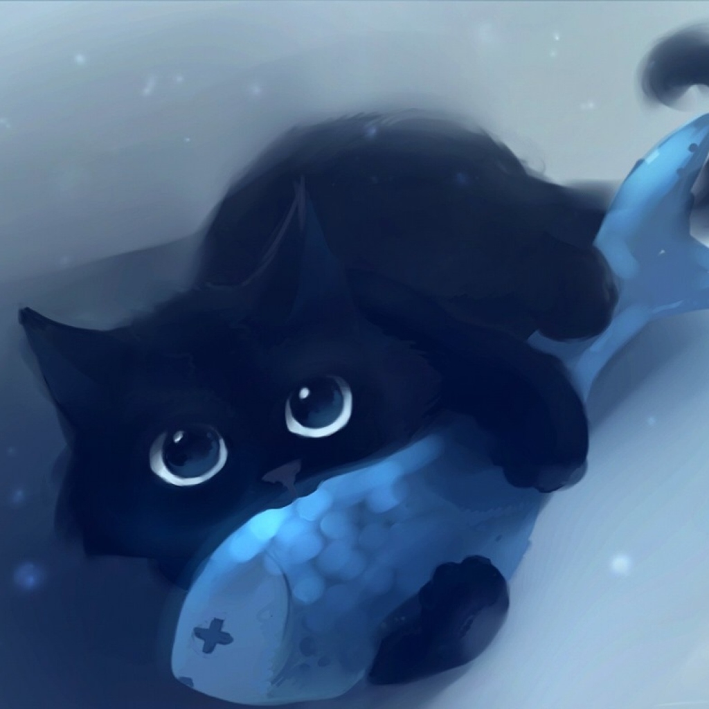 Black Cat & Blue Fish wallpaper 1024x1024