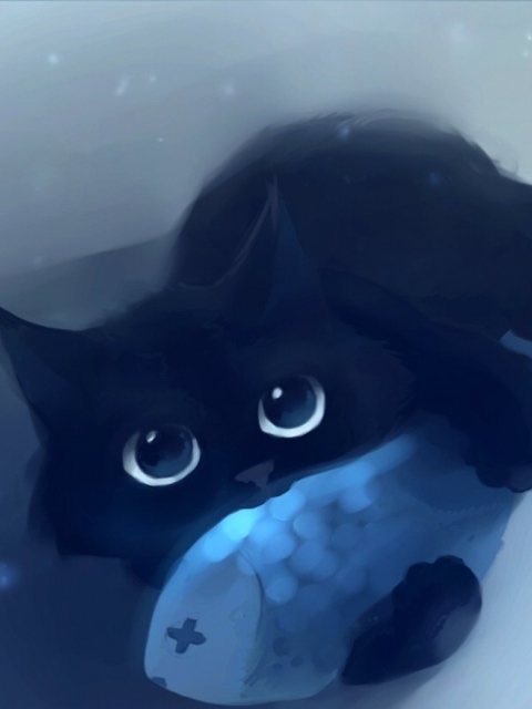 Fondo de pantalla Black Cat & Blue Fish 480x640
