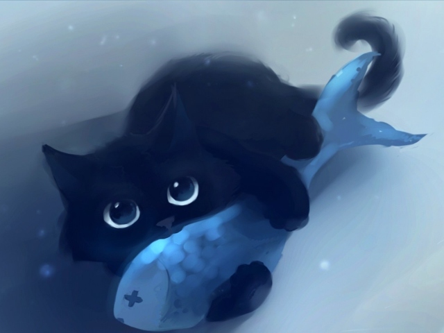 Das Black Cat & Blue Fish Wallpaper 640x480