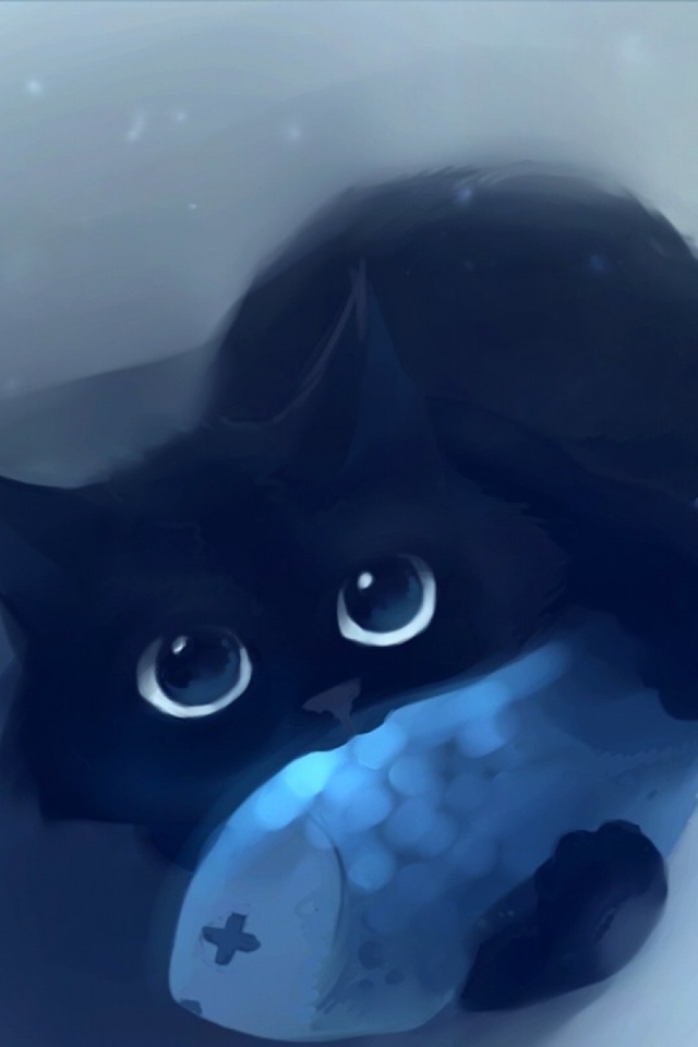 Das Black Cat & Blue Fish Wallpaper 640x960