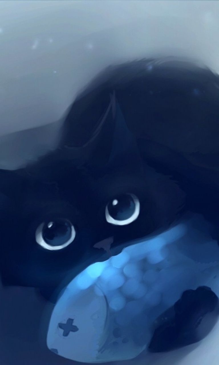 Обои Black Cat & Blue Fish 768x1280
