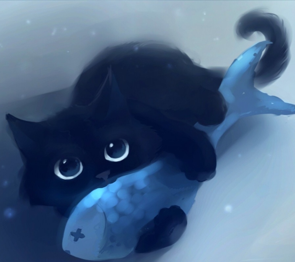 Black Cat & Blue Fish wallpaper 960x854