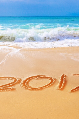 Happy New Year 2017 Phrase on Beach wallpaper 320x480