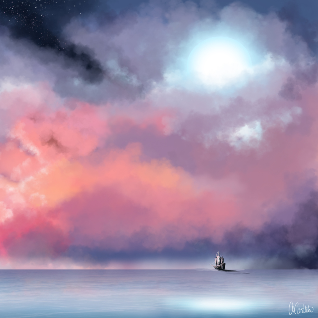 Fondo de pantalla Lonely Ship In Big Blue Sea Painting 1024x1024