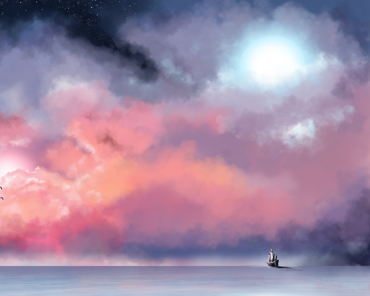 Обои Lonely Ship In Big Blue Sea Painting 1280x1024