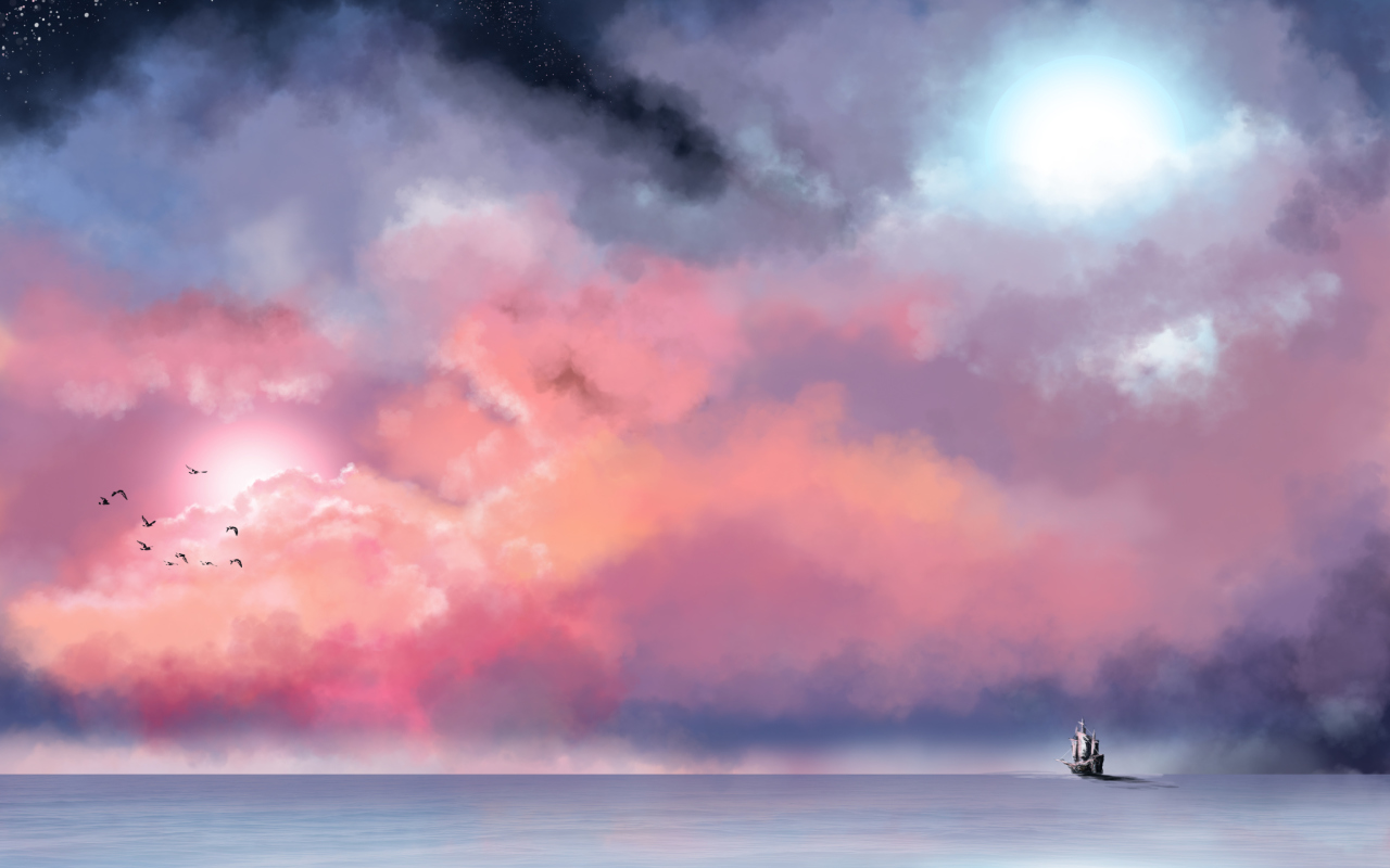 Lonely Ship In Big Blue Sea Painting wallpaper 1280x800