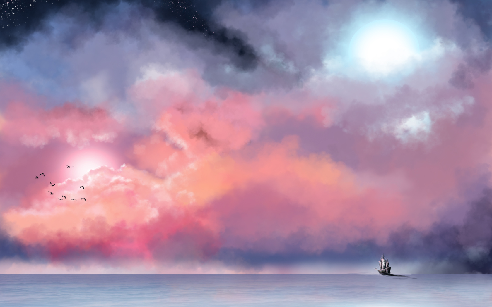 Lonely Ship In Big Blue Sea Painting wallpaper 1680x1050