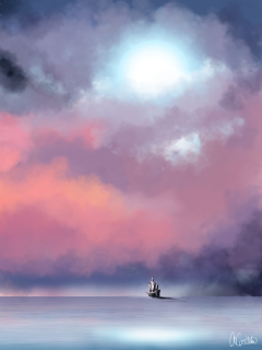 Das Lonely Ship In Big Blue Sea Painting Wallpaper 240x320