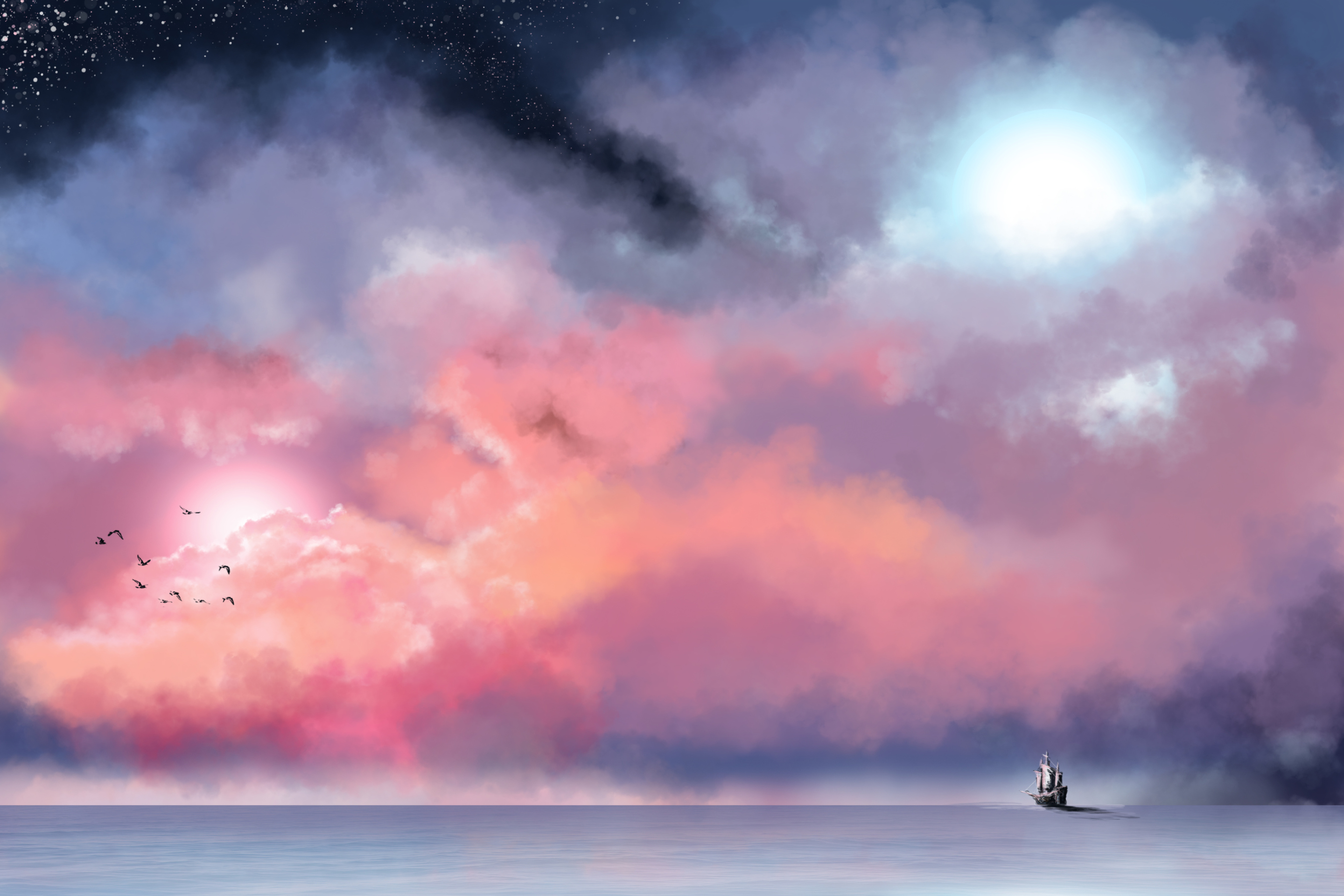 Lonely Ship In Big Blue Sea Painting screenshot #1 2880x1920