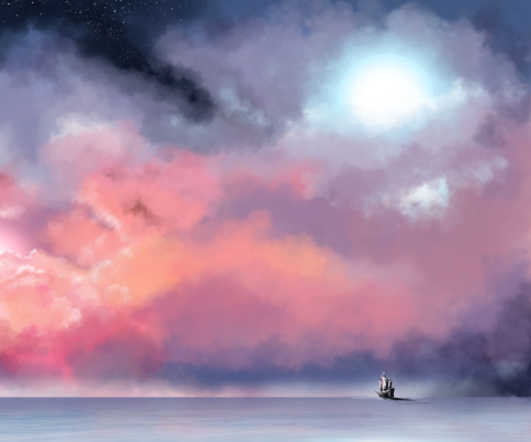 Das Lonely Ship In Big Blue Sea Painting Wallpaper 480x400