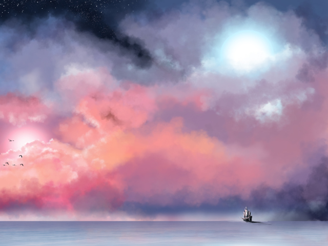Lonely Ship In Big Blue Sea Painting wallpaper 640x480