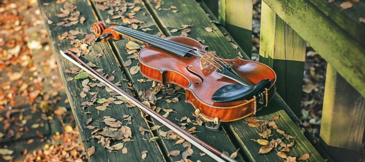 Violin on bench wallpaper 720x320