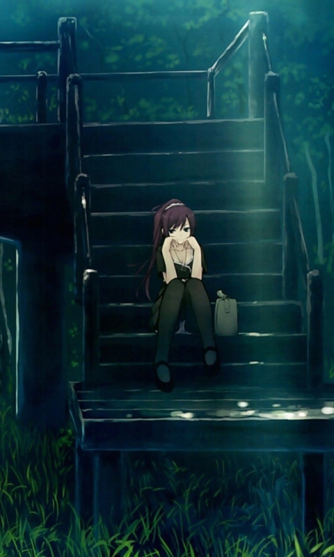 Girl Sitting On Bridge Stairs wallpaper 480x800