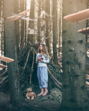 Girl And Teddy Bear In Forest By Rosie Hardy wallpaper 128x160