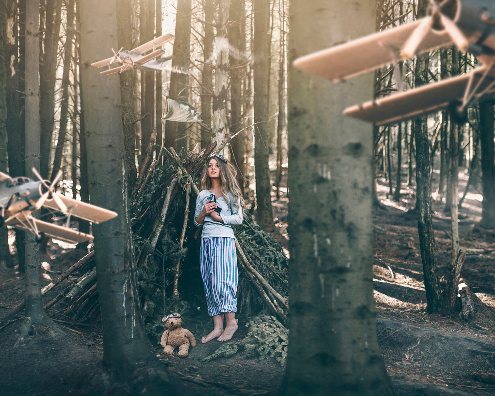 Girl And Teddy Bear In Forest By Rosie Hardy wallpaper 1600x1280
