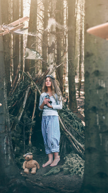 Girl And Teddy Bear In Forest By Rosie Hardy wallpaper 360x640