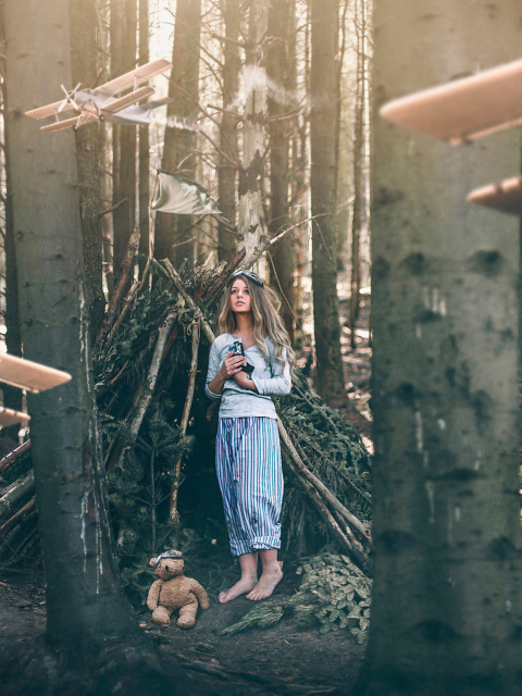 Girl And Teddy Bear In Forest By Rosie Hardy screenshot #1 480x640