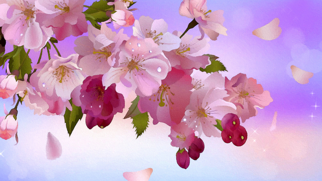 Painting apple tree in bloom wallpaper 1366x768