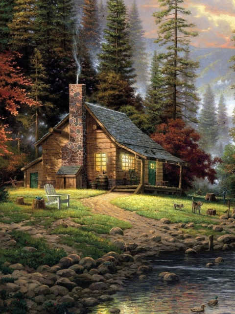 Chalet Painting wallpaper 480x640
