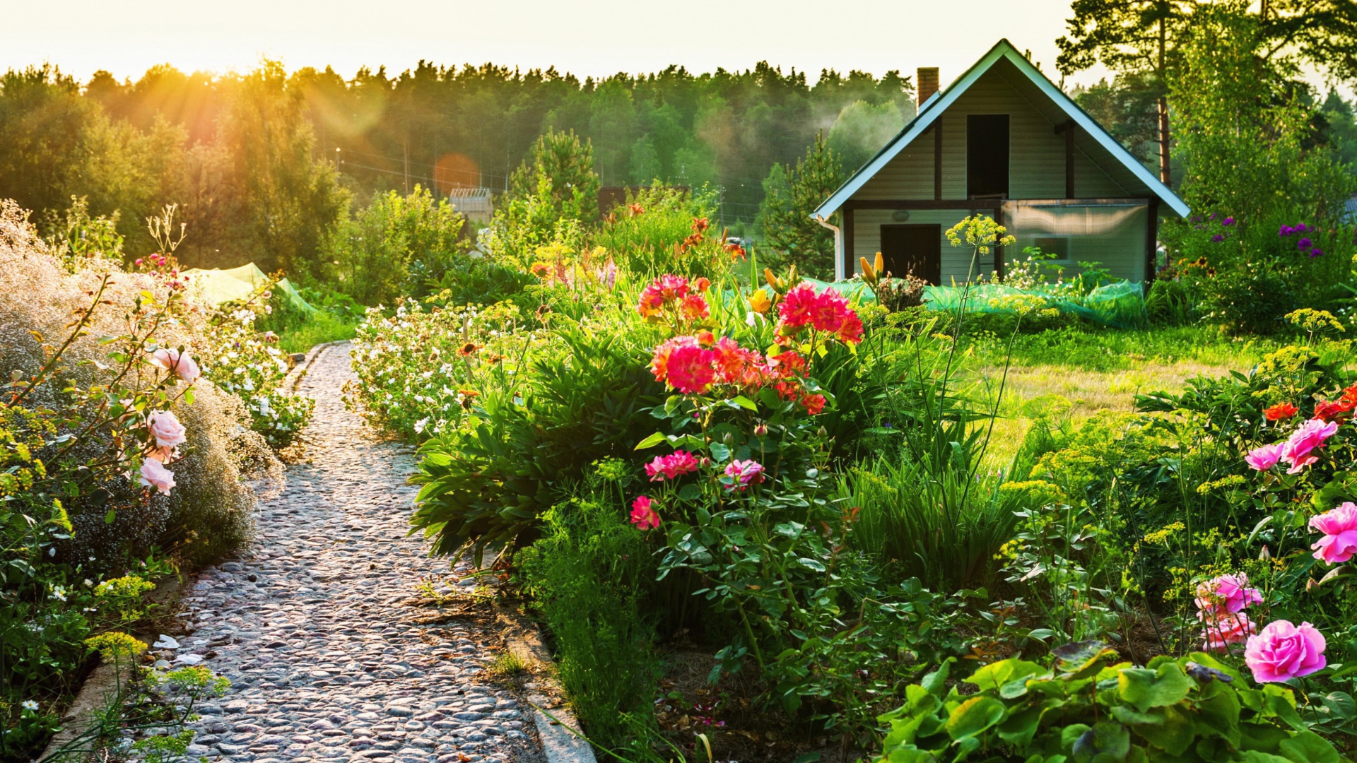 Country house with flowers wallpaper 1920x1080