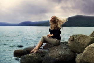 Beautiful Blonde On Sea Coast Background for Android, iPhone and iPad