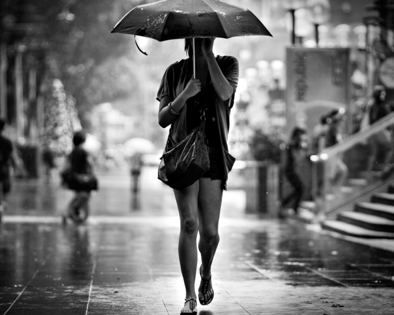 Fondo de pantalla Girl Under Umbrella In Rain 1280x1024