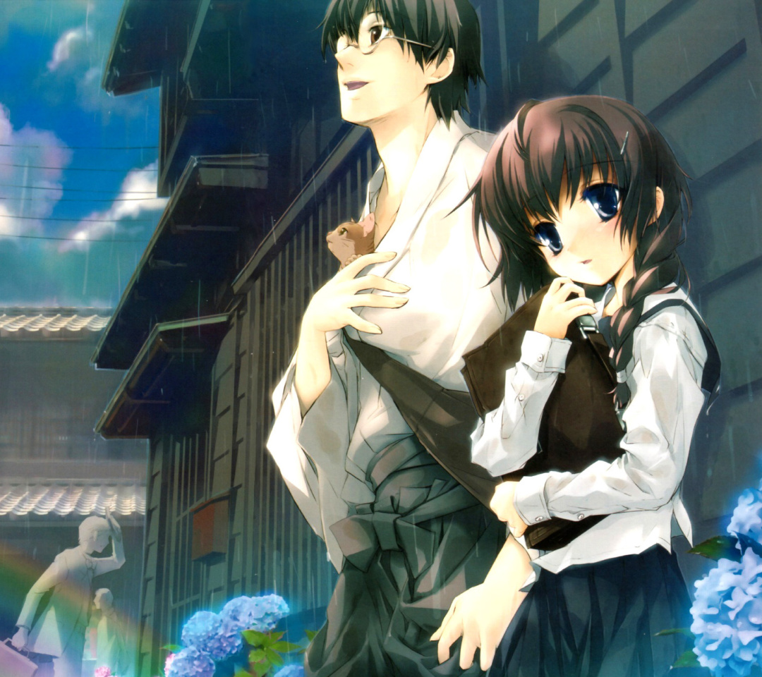 Fondo de pantalla Anime Girl and Guy with kitten 1080x960
