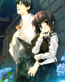 Das Anime Girl and Guy with kitten Wallpaper 128x160