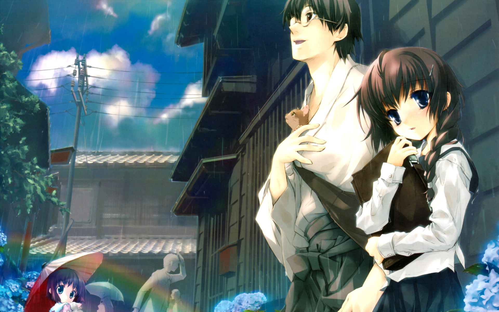 Fondo de pantalla Anime Girl and Guy with kitten 1920x1200