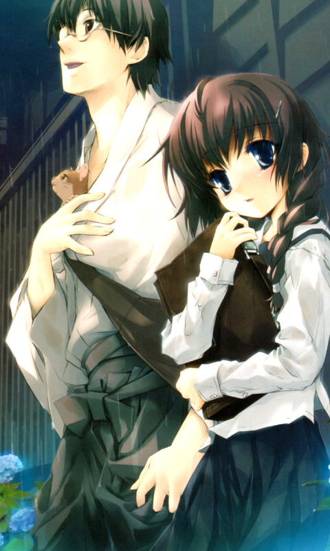 Anime Girl and Guy with kitten wallpaper 480x800