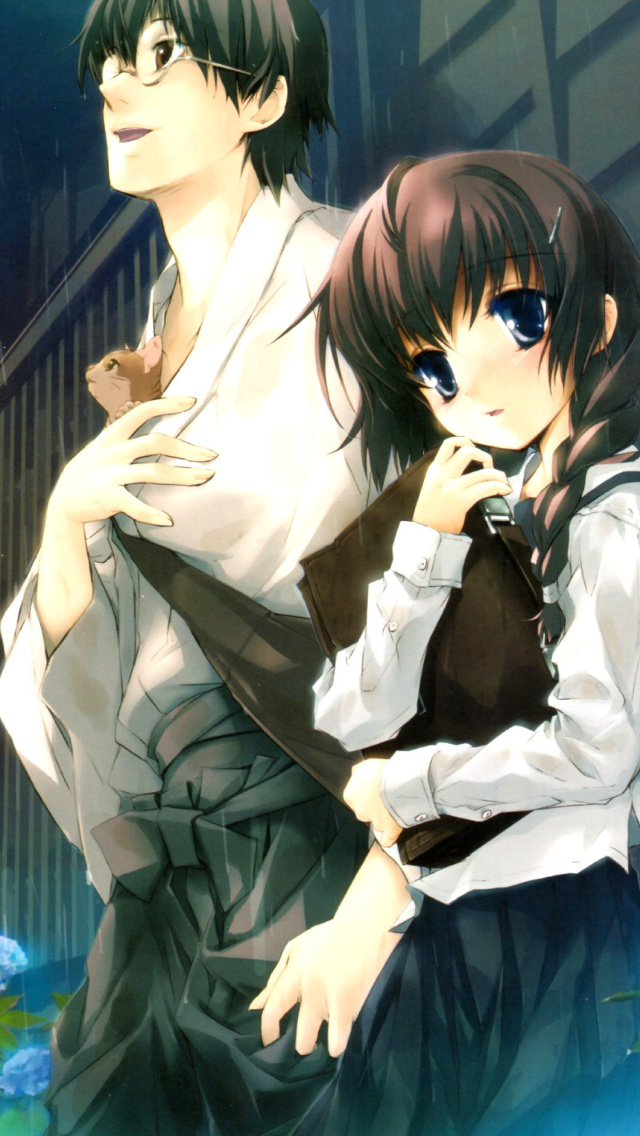 Anime Girl and Guy with kitten wallpaper 640x1136