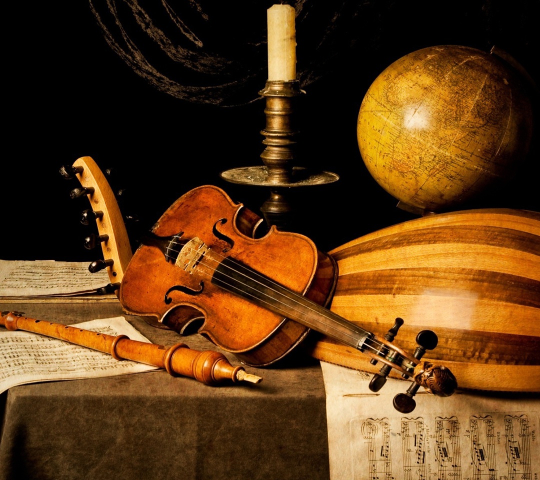 Still life with violin and flute wallpaper 1080x960