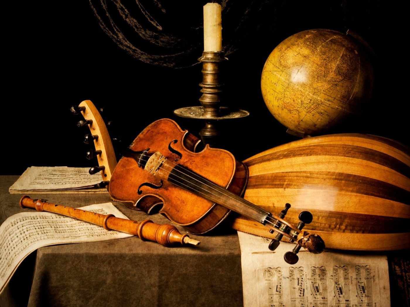 Still life with violin and flute wallpaper 1400x1050