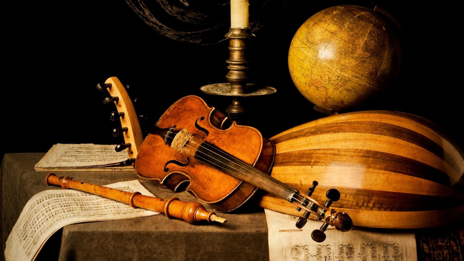 Still life with violin and flute wallpaper 1600x900