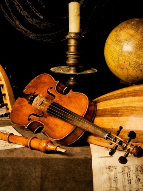 Still life with violin and flute wallpaper 480x640