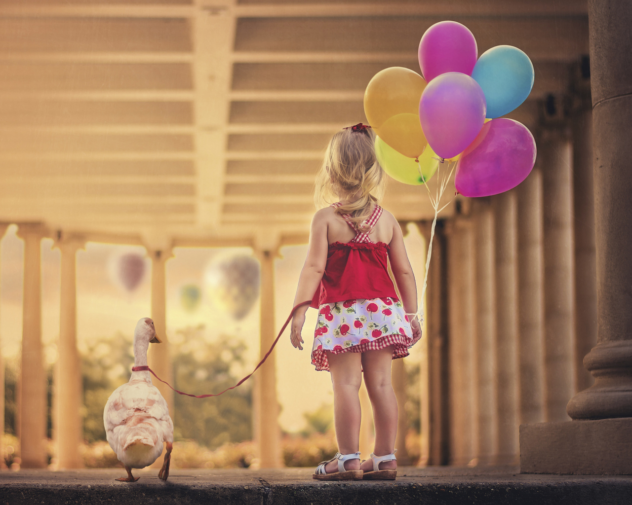 Fondo de pantalla Little Girl With Colorful Balloons 1280x1024
