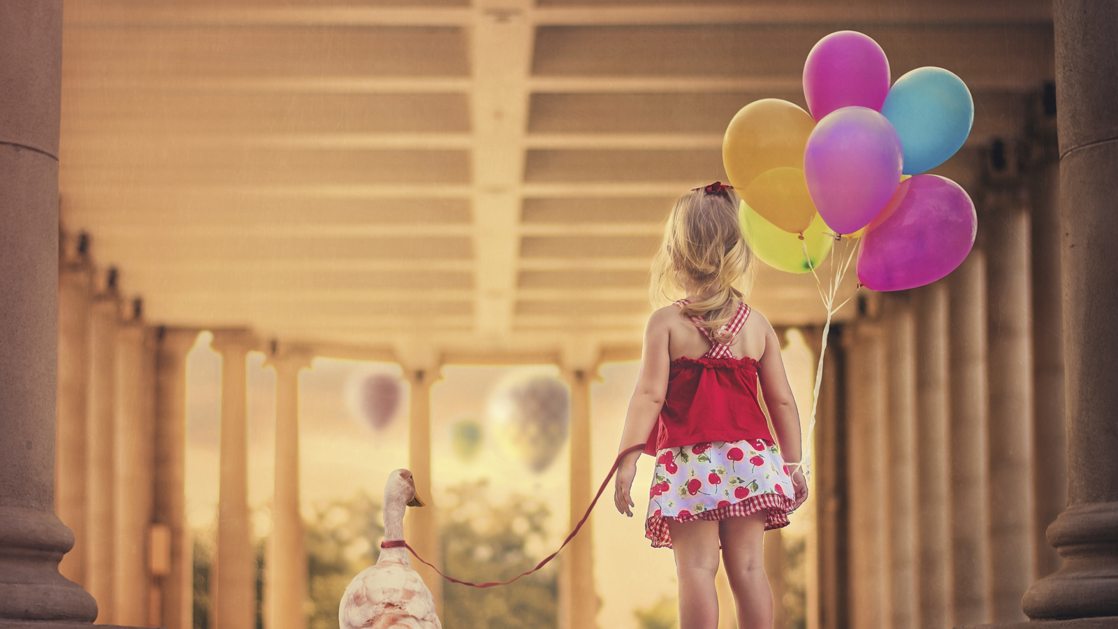Little Girl With Colorful Balloons wallpaper 1600x900