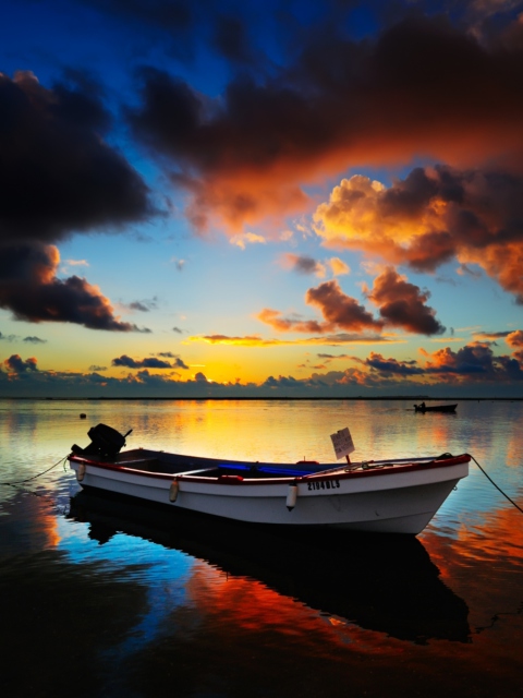 Das Boat In Sea At Sunset Wallpaper 480x640