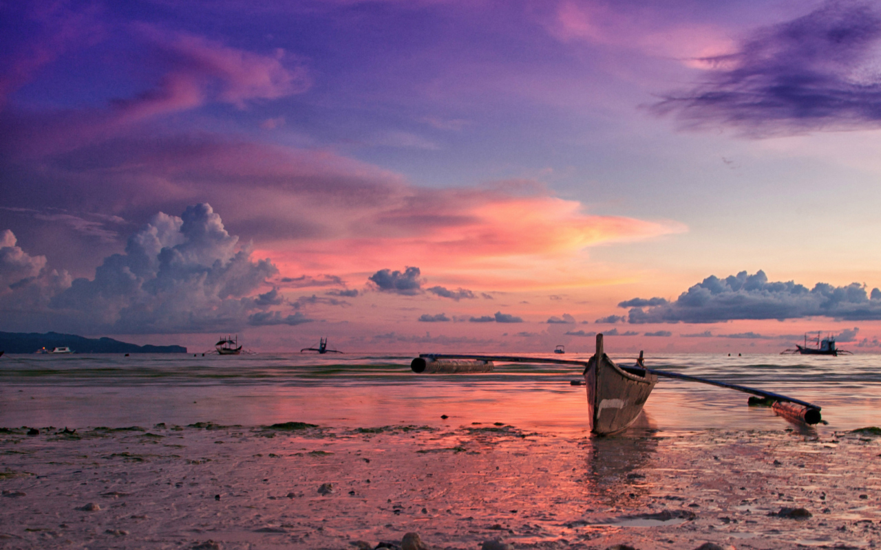 Pink Sunset And Boat At Beach In Philippines wallpaper 1280x800